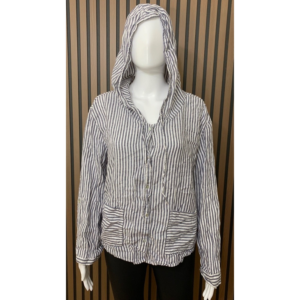 Tahari 100% Linen Striped Hooded Button Down Shirt Jacket Blue White Large